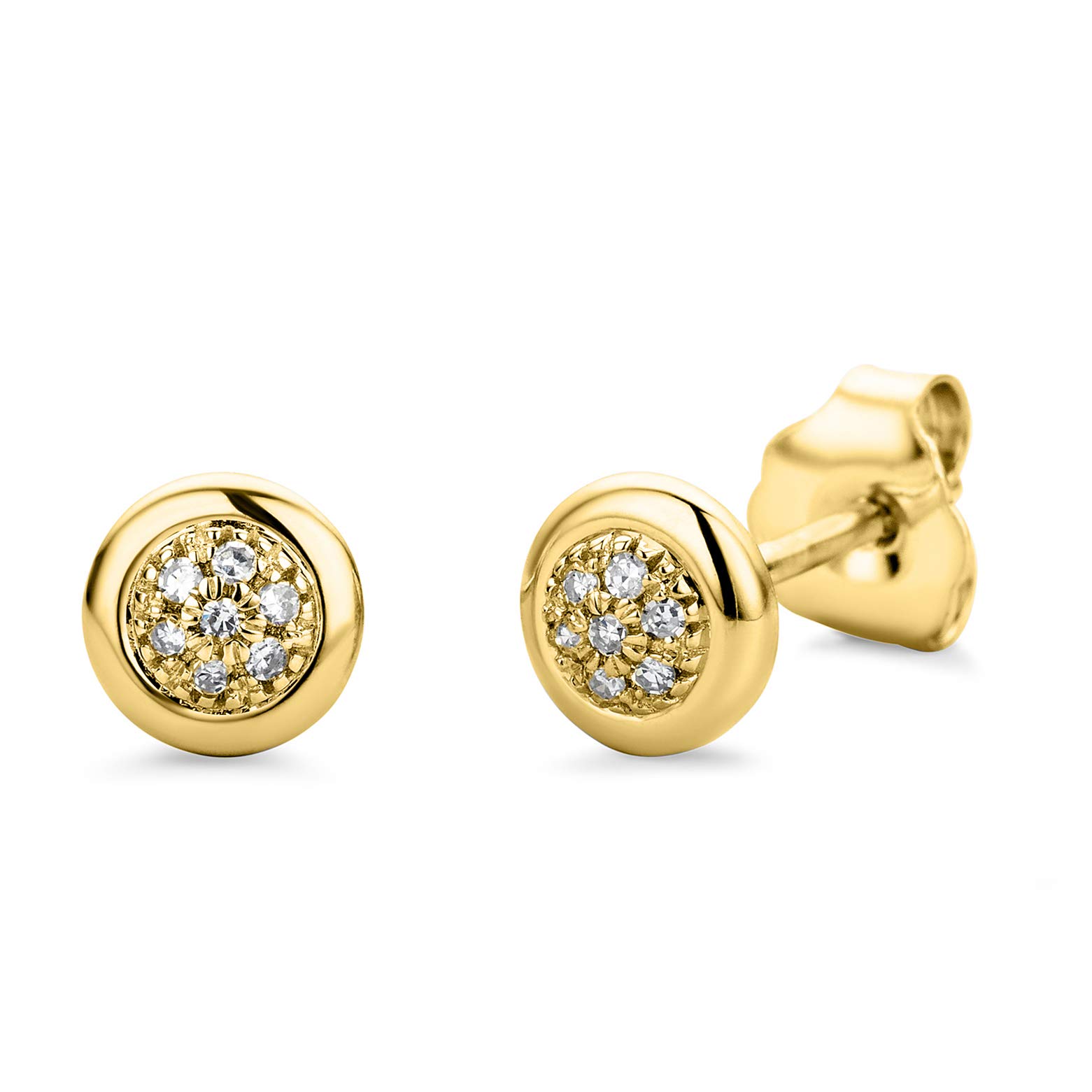 Orovi – Ohrringe aus 9 Ct Weißgold/Gelbgold (375) mit 14 nat. Diamanten im Pavé Brillantschliff (0.03 Ct) – Ohrstecker Gold Damen in Krappenfassung – Damenschmuck allergenfrei & handgemacht (5.5 mm)