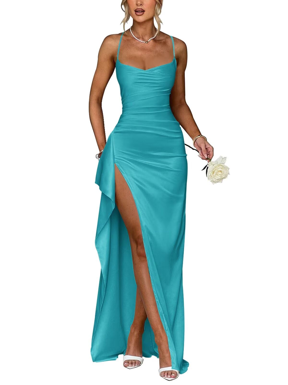 Satin Bridesmaid Dresses Pleated Spaghetti Straps Formal Evening Gowns with Slit