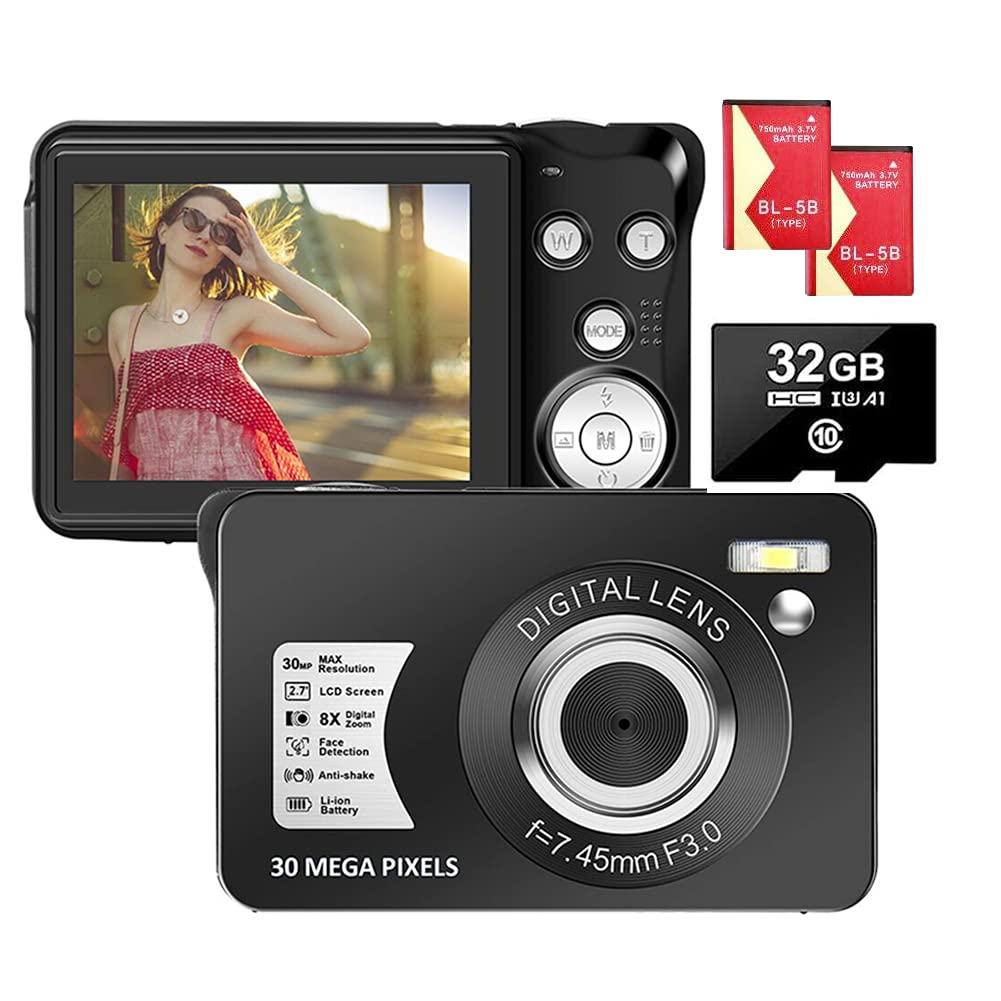 Appareil Photo Numérique 1080P 30 Mégapixels Appareil Photo Numerique Full HD Appareil Photo de Poche Rechargeable 2,7 Pouces avec Zoom Numérique 8X Appareil Photo Compact pour Adolescents Débutants