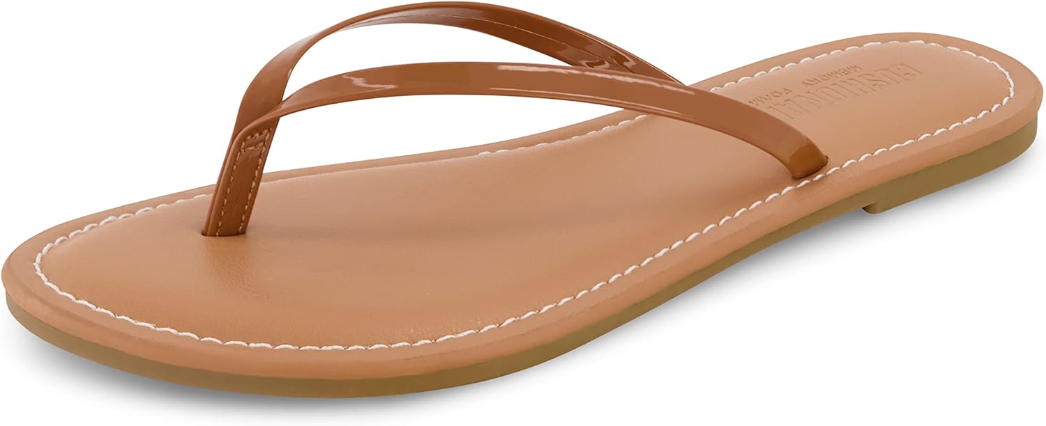 CUSHIONAIRE Women's Cora Flat Flip Flop Sandal with +Comfort and Wide Widths Available, Cognac Patent 7