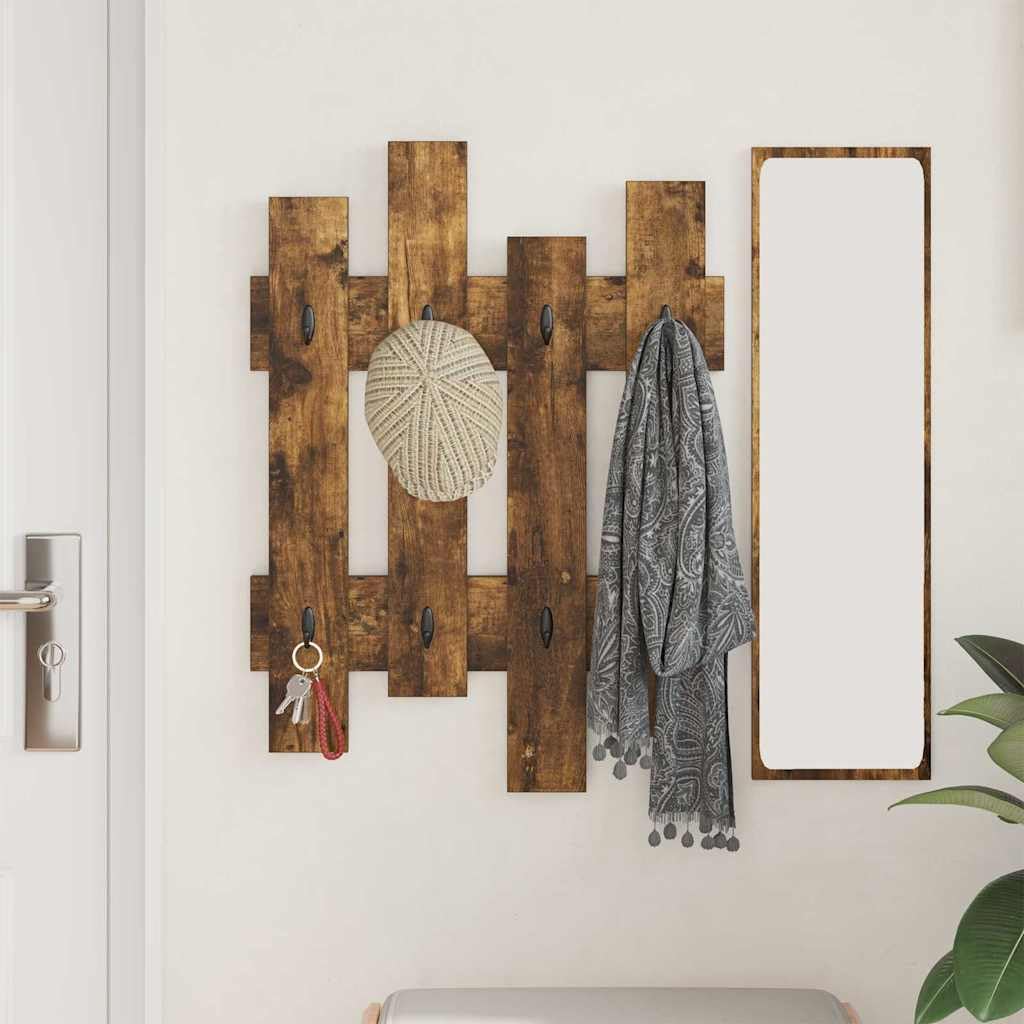 Wandgarderobe aus Holzwerkstoff 60 x 3 x 82 cm Rauch-Eiche mit Haken und Regalen für Flur Eingangsbereich und Wohnzimmer