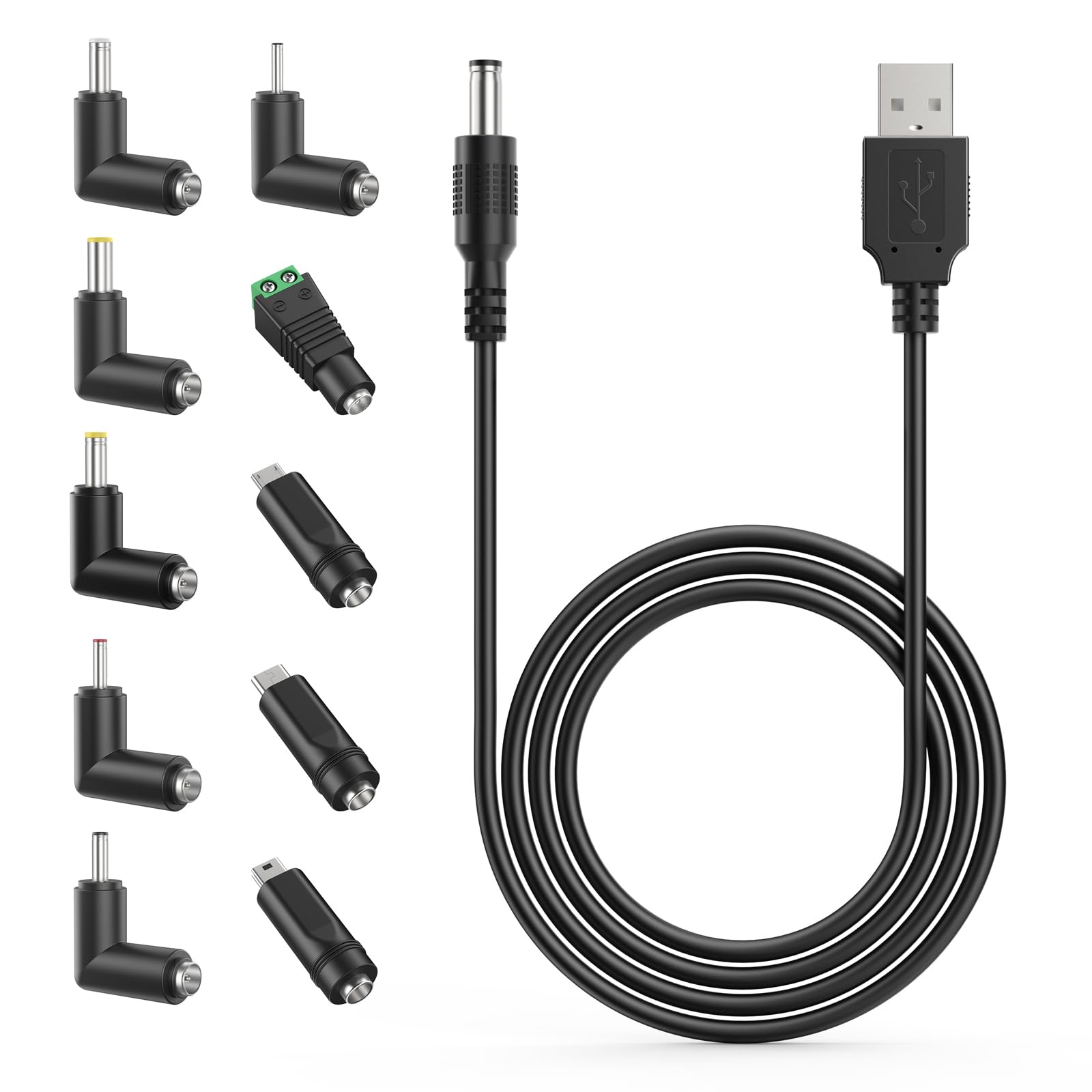 MEROM USB to DC 5V Universal Power Cable, DC 5.5x2.1mm Barrel Plug Charging Cord with 10 Connector Tips(