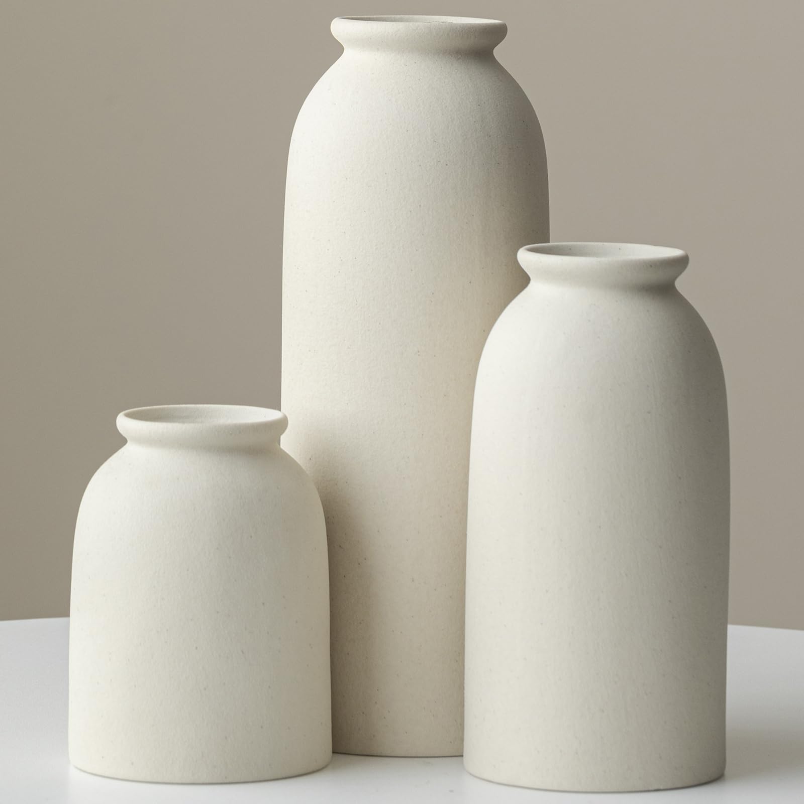 Large Ceramic Vases Set of 3, Beige, Rustic Farmhouse Style, 26.5cm Tall, 10cm Width, Decorative Flower Vases for Home Decor and Table Centrepieces (XXL Beige)
