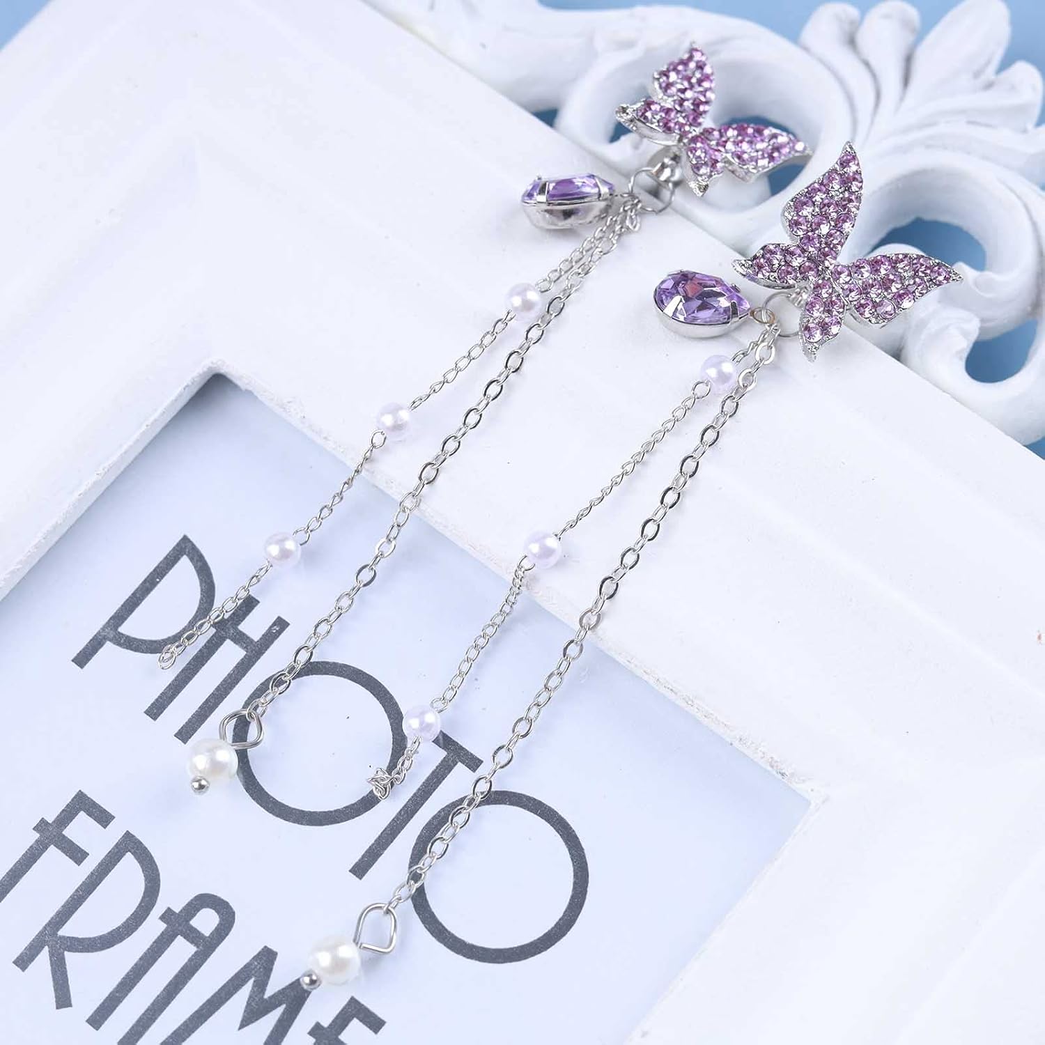 Andelaisi Vintage Pearl Tassel Earrings Long Pearl Chain Drop Earrings Sprkly Crystal Butterfly Earrings Pearls Long Dangle Earrings Jewelry for Women - Image 6