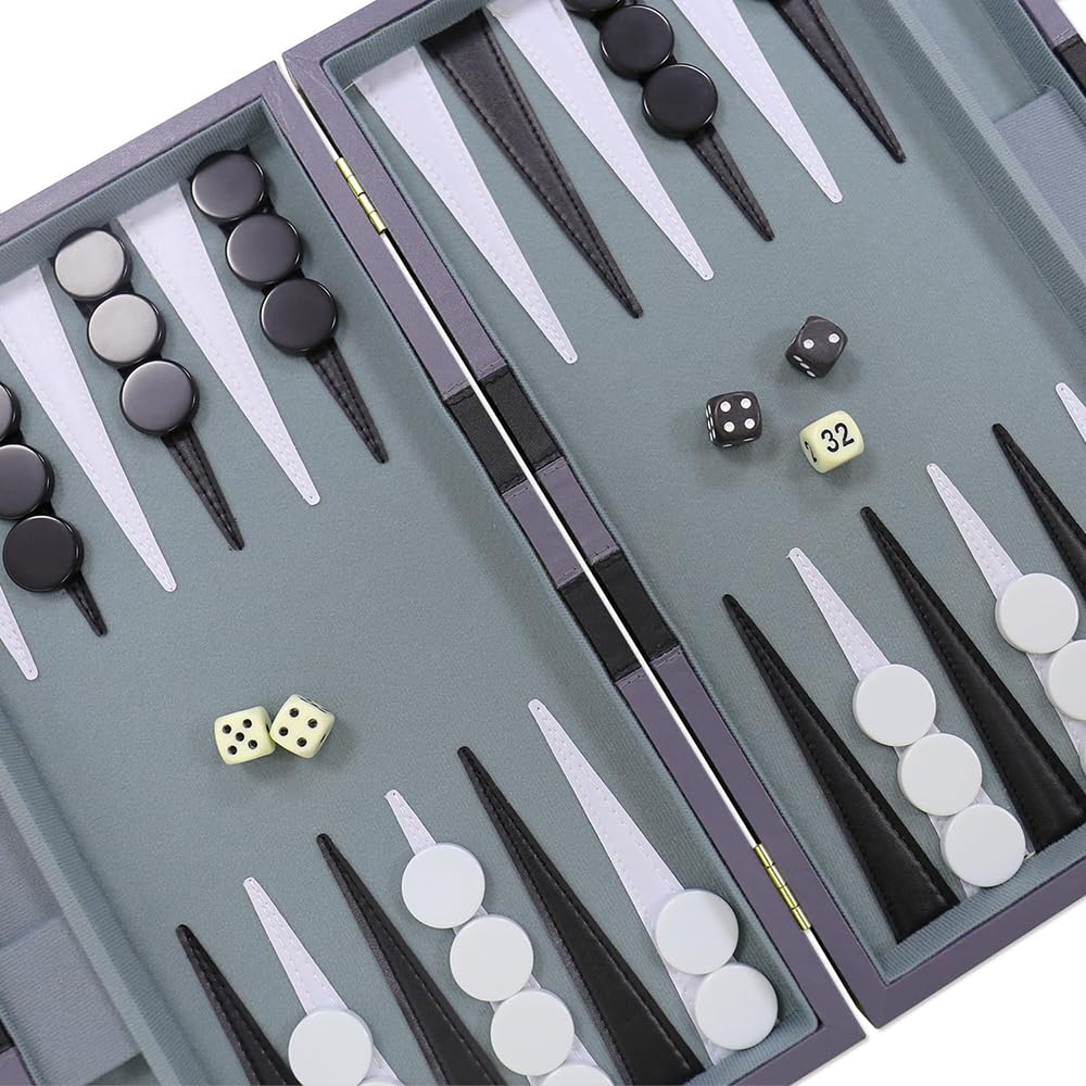 NEWFUN 18 Pouces Backgammon，Backgammon Voyage，Backgammon en Bois，Jeu de Backgammon, Jeu de Plateau avec étui en Cuir de Haute qualité et gobelet à dés, Portable et de Voyage, 45,5 cm