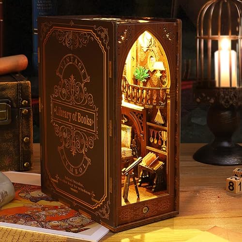 Magqoo Diy Book Nook Kit Diy Dollhouse Booknook Kit Bookshelf Insert Decor Alley Booknook Miniature Kit Bookends Model Build-Creativity Kit 3D Wooden Puzzle (Liabray Of Books) #TOP2