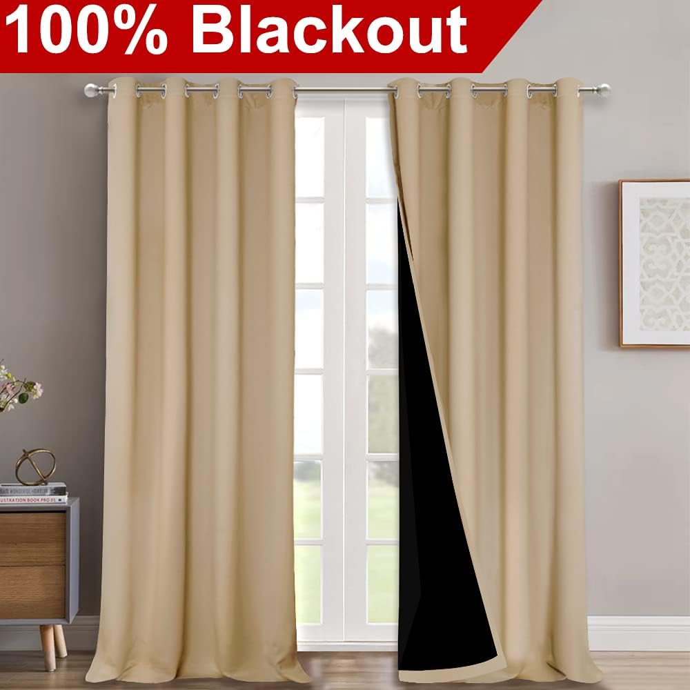 nicetown full shading curtains 90 inches long 2 panels set for windows, super heavy-duty black lined blackout curtains for bedroom, privacy assured window treatment (biscotti beige, 52 inches w) biscotti beige 52"w x 90"l (pack of 2)