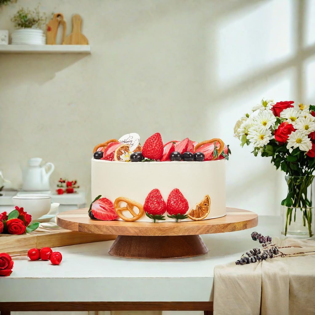 Soporte giratorio para tartas de madera de acacia de 12 pulgadas, tocadiscos giratorio con 2 espátulas de glaseado de plástico, 3 alisadores de plástico, soporte giratorio de madera para pasteles,