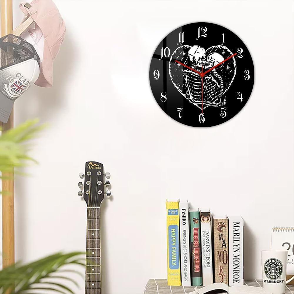 12 Inch Dead Skeleton Couple Horror Wall Clock, Gothic Kissing Skull Love Halloween Wall Art Clock Silent Swept Movement Battery Operated Wall Watch Clock for Day of The Dead Valentine Gift