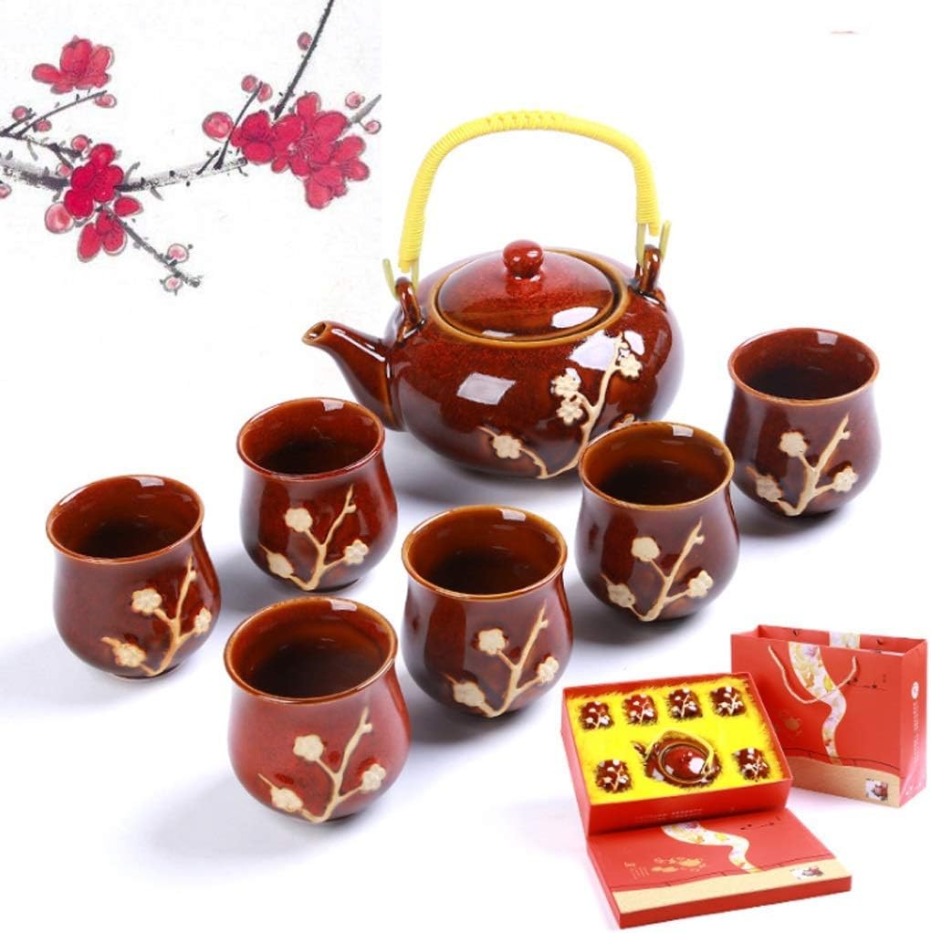 Japanese Cast Iron Tetsubin Teapot Chinese Kung Fu Tea Set, Plum Blossom Pattern Vintage China Tea Set, for Household Office Tea Accessories