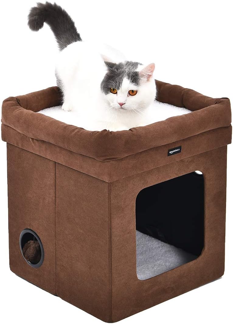 AmazonBasics Collapsible Cube Cat Bed, 15 x 15 x 17 Inches, Brown