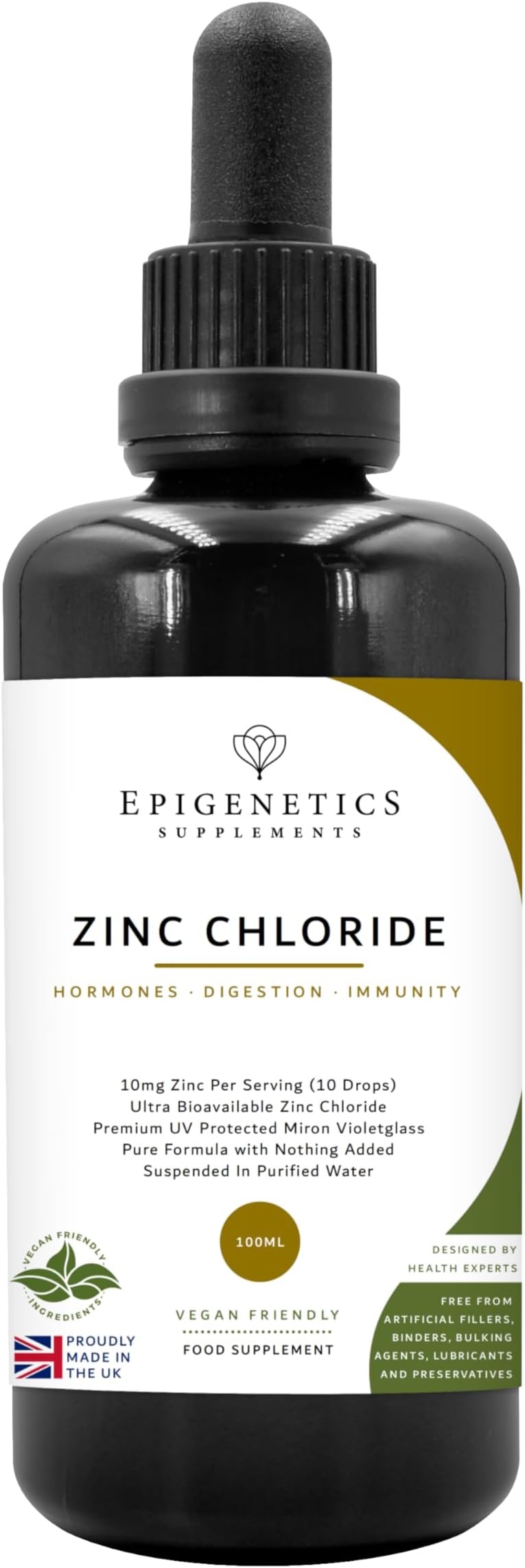 Zinc Chloride 100ml | Pure Mineral Distilled Water | UK Made Vegan Friendly Liquid | 10mg Dose (133 Servings)