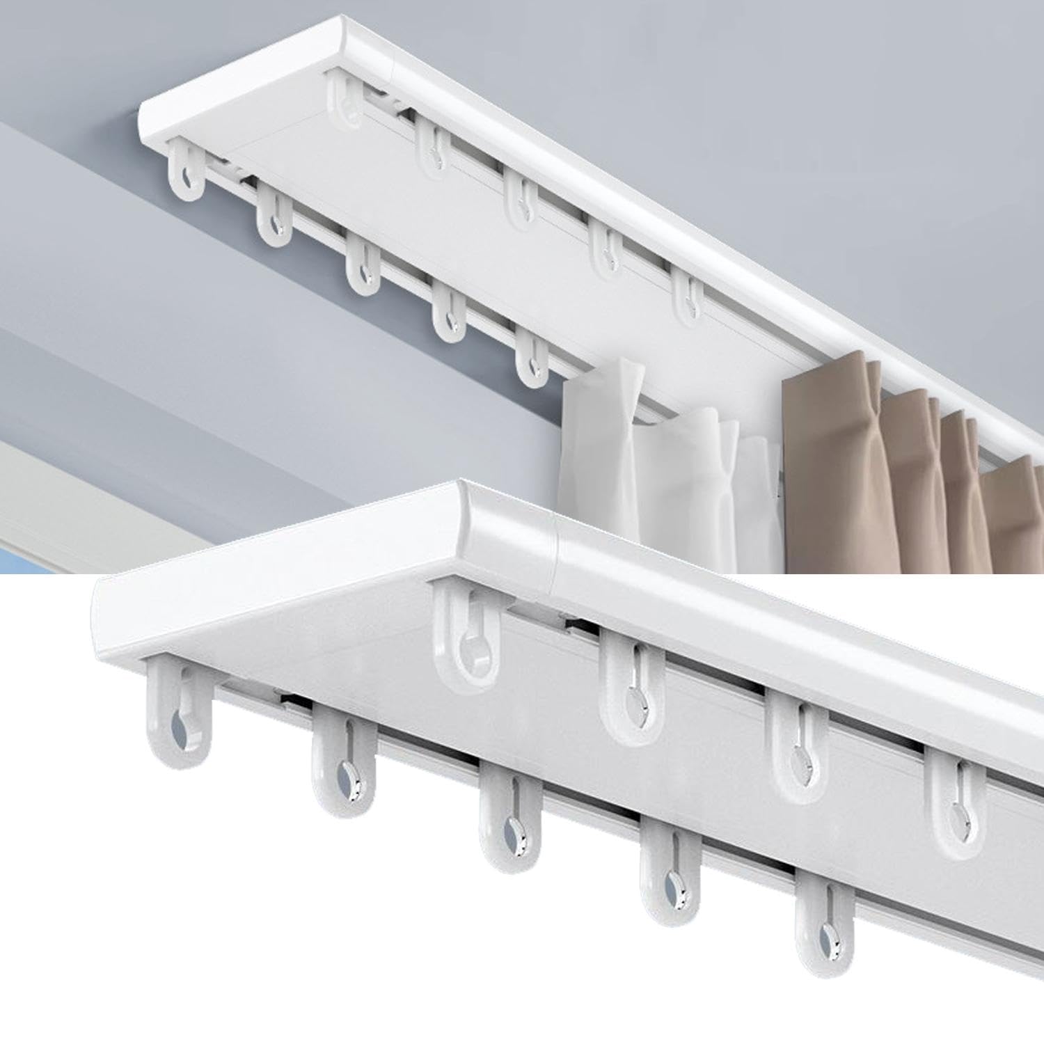 Double rail de rideau, rail de plafond en aluminium rail de rideau rail de rideau lourd, approprié pour le salon salle de bains chambre à coucher cloisonné rail de plafond Kit,White-2.6m