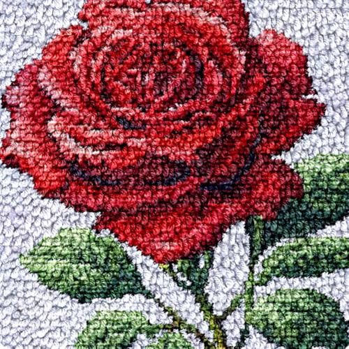 Red Rose Round Shape Latch Hook Rug Kits Color Printed Crochet Yarn Needlework DIY Hooking Latch Kit Carpet Embroidery Rug Cover Mat for Christmas Chair Cushion Floor Decoration 17x17in(1)
