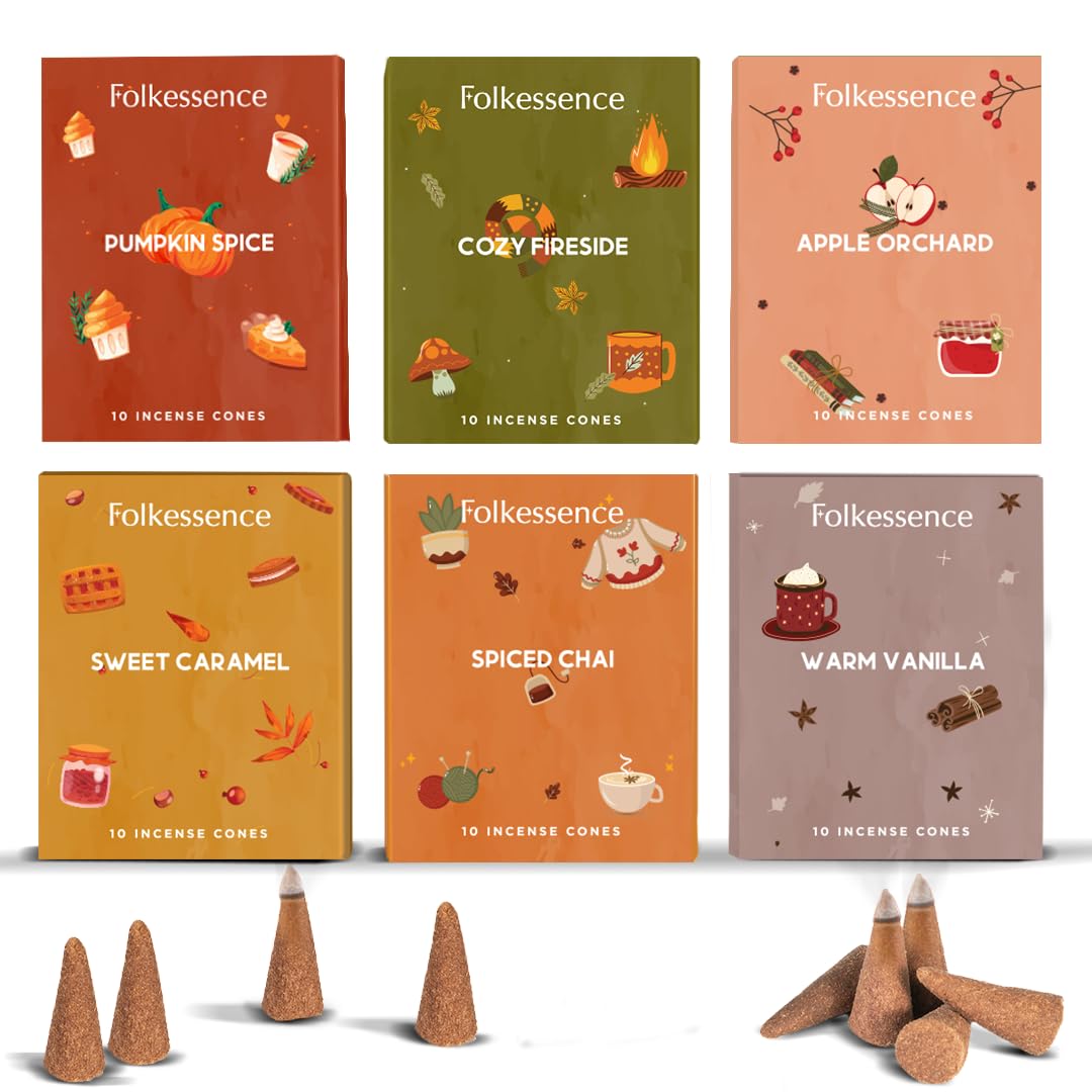 Folkulture Incense Cone Scented | Set of 6 (60) Fall Incense Cones for Relaxation | Pumpkin Spice Inscents or Spiced Chai Fall Scents | Inscent Cone Variety Pack for Fall Essentials