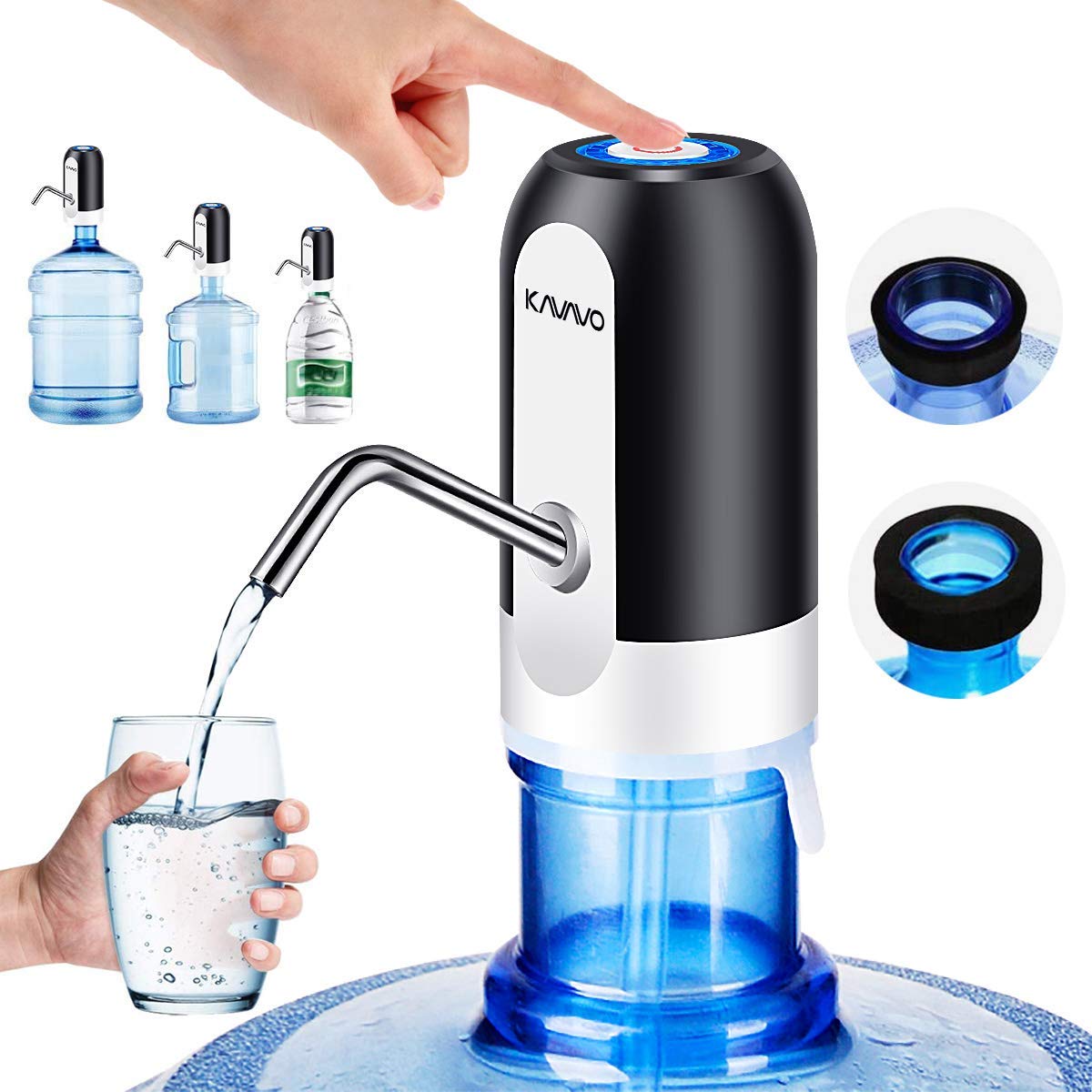 Pompe à Bouteille d’Eau, 2 Adaptateurs Supplémentaires de Différents Calibres, Distributeur d’Eau Électrique Portable avec 2 Tuyaux Libres à Couper Noir Blanc, En Silicone,Plastique