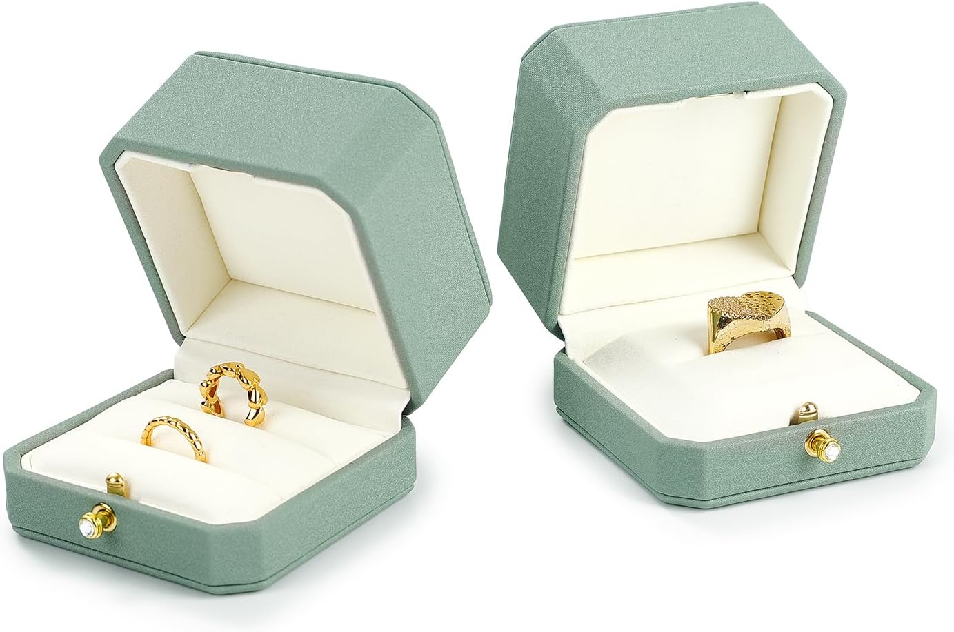 PU Double Dual Ring Box PU Leather Double Ring Gift Box Weeding Proposal Engagement Bearer Gift Case(Green) - Image 3