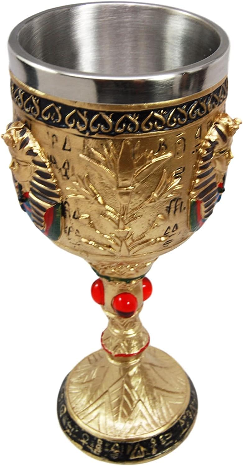 Ebros Gift Ancient Egyptian Pharaoh King Tut Resin Wine Goblet Chalice With Stainless Steel Liner King or Prince Of Egypt Tutankhamun In Golden Patina Decor For Party Prop Wine Tasting And Serving