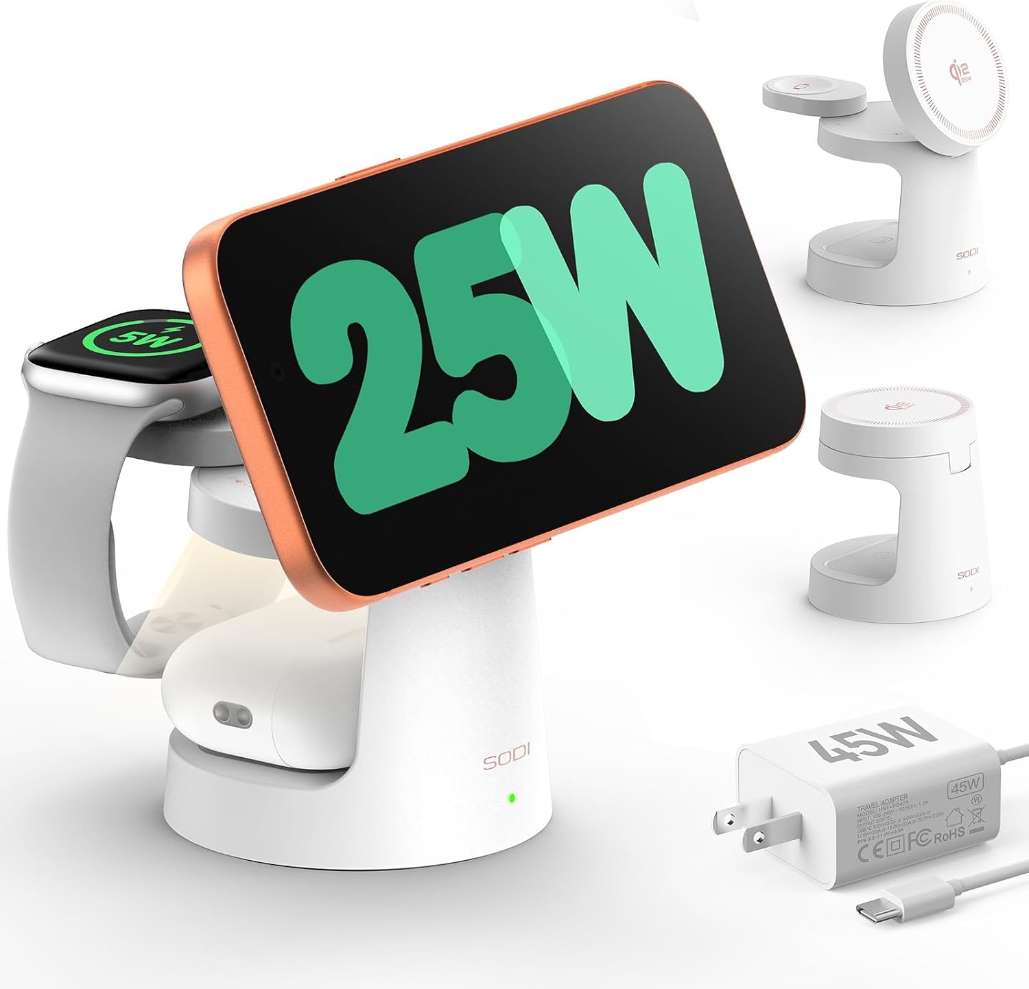 SODI UltraCharge Stacja Ładowania 3 w 1 z Qi2.2, Magnetyczna Ładowarka Bezprzewodowa 25W z Lampką Nocną do Phone 17/16/15/14/13/12, Smartwatch i Słuchawek (Zasilacz 45W w Zestawie)