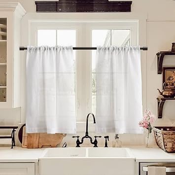 XTMYI Window Treatment Short Semi Sheer Curtains 36 Inches Long Rod Pocket Farmhouse Bohemian Light Filtering White Transparent Kitchen Bathroom Small Cabinet Cafe Tiers Curtains Voile 2 Panels