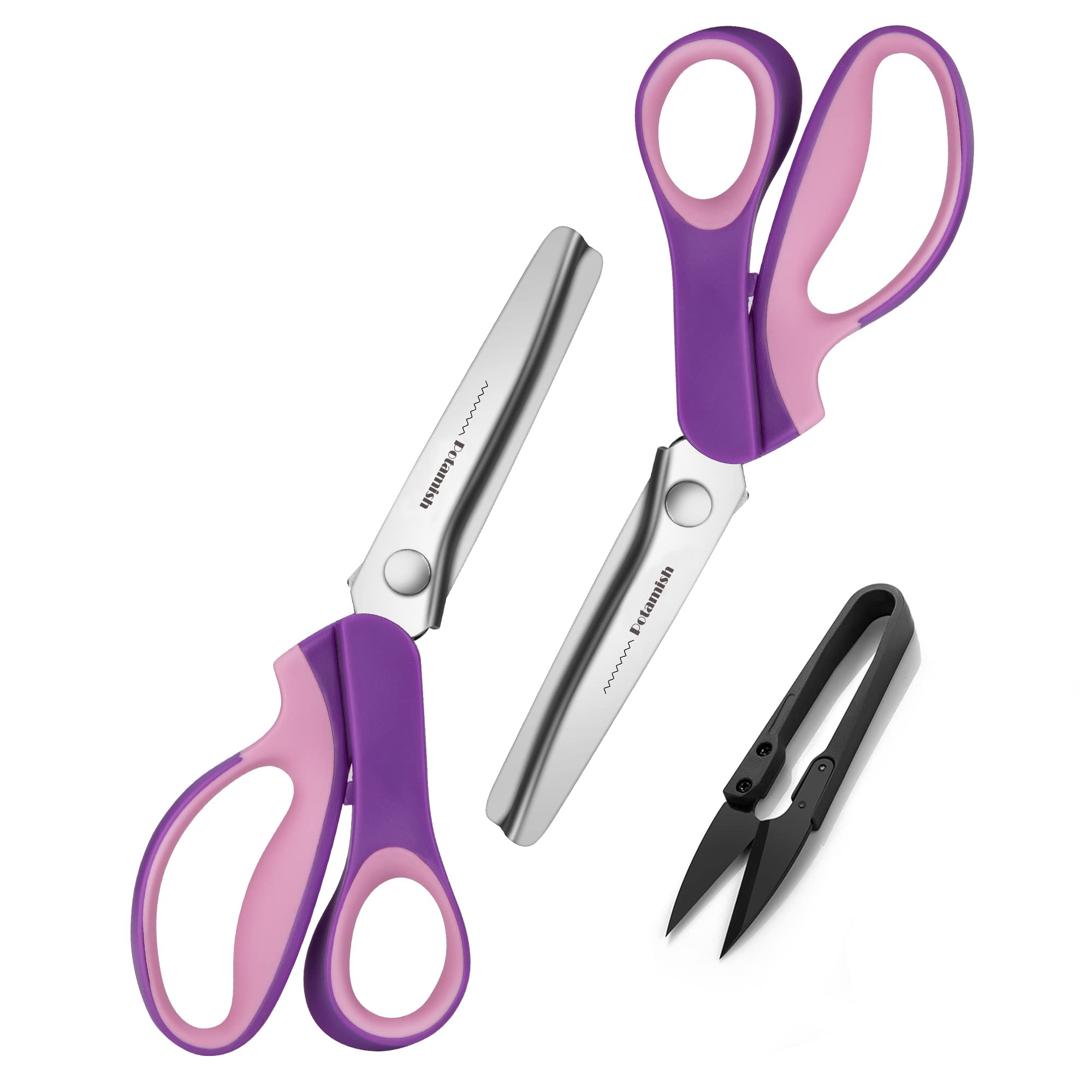 Pinking Shears Set (Pack of 2 PCS, Serrated & Scalloped edges) By Potamish - Zig-zag Scissor for Fabric Leather & PPDer - Pinking Dressmaking Sewing Scissors PM-002-C
