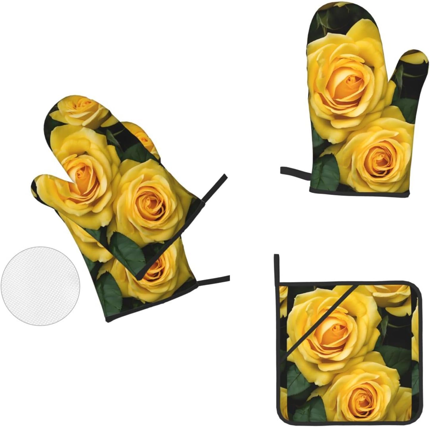 (Yellow Roses) Baking 4-Piece Set: 2 Oven Mitts and 2 Pot Holders Heat Resistant Waterproof Hanging Loop for Kitchen Oven Grill Housewarming Gifts