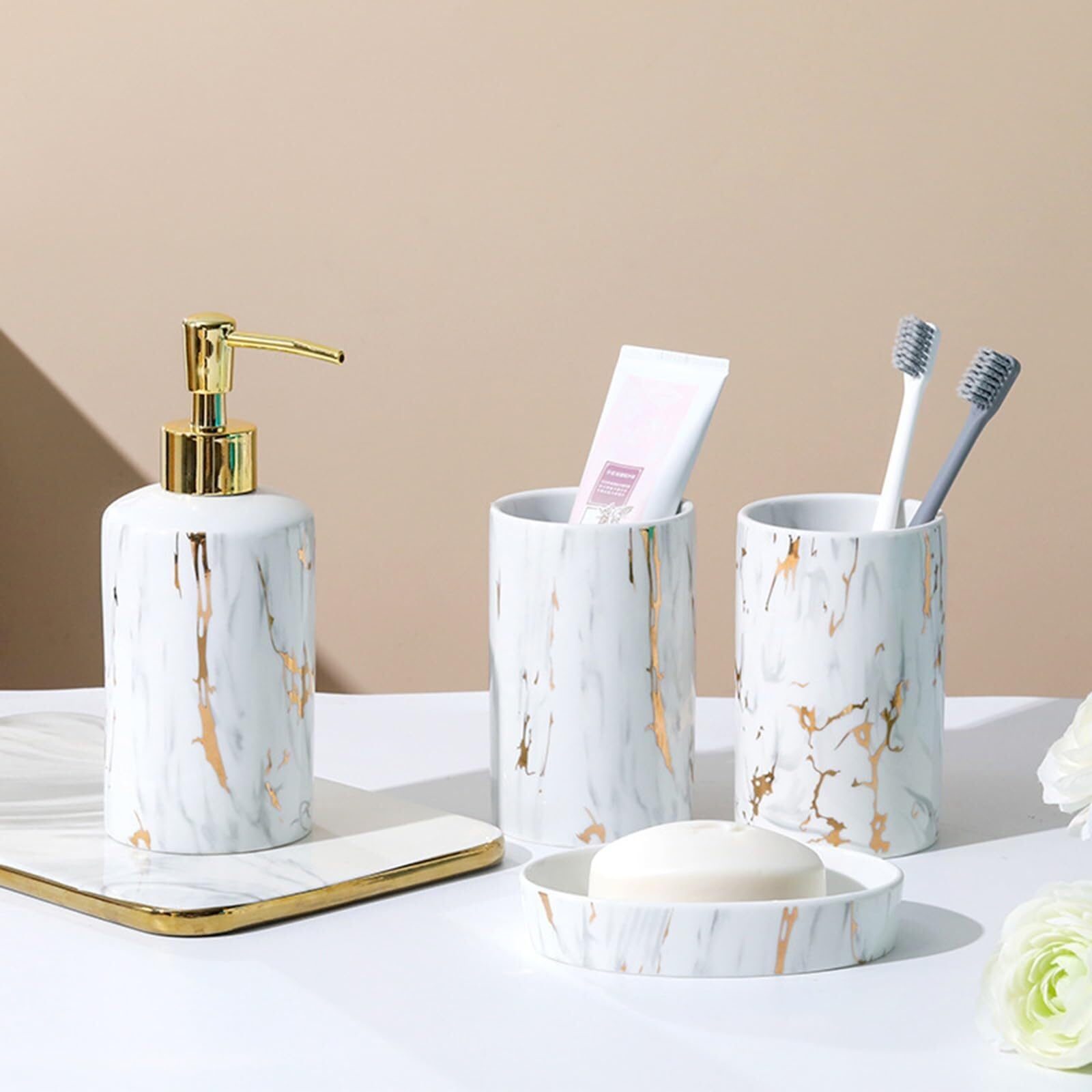 Juegos de Accesorios de Baño Juego de 4 Piezas de dispensador de jabón de cerámica, Vaso for Cepillo de Dientes y Accesorios de baño con Plato Decorativo. Decoración Rústica(Badrum Set)