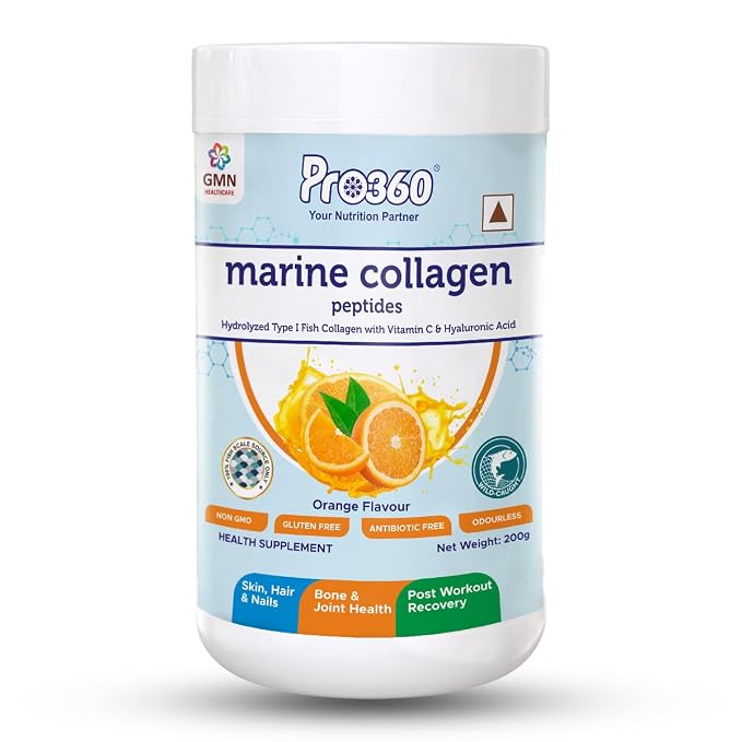 Pro360 Marine Collagen Peptides Powder for Healthy Skin, Hair, Nails, Bone, Joint, Post workout Recovery - Hydrolyzed Type 1 Fish Collagen for Men and Women - Orange flavor 200g (Pack of 1)