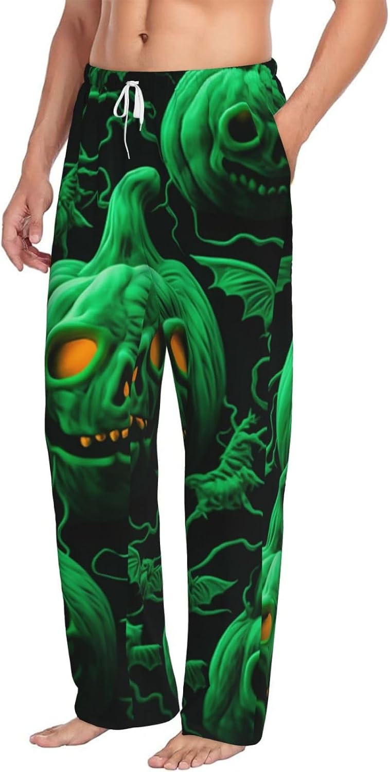 Men's Pajama Pants Ultra Soft Fleece PJ Lounge Bottoms Green Ghost Horror Halloween Pumpkin Loungewear for Men Sleepwear Pjs X-Large