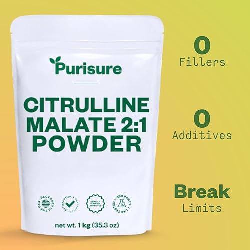 Miniatura 2 de Purisure L Citrulina Malate 21 en polvo, 2.2 lbs, suplemento y nitrato para un rendimiento de fuerza y energía, suplemento de L-arginina L citrulina