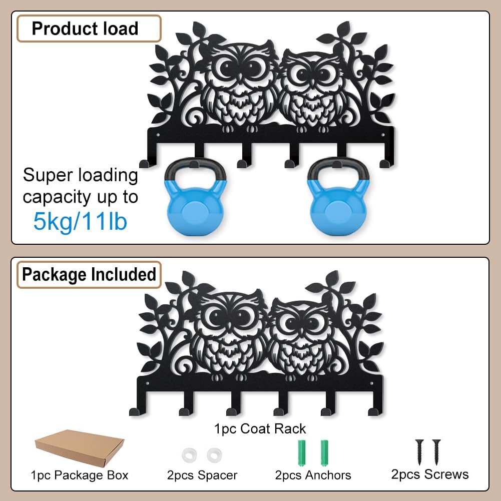 MAYJOYDIY Cartoon Owls Metal Key Hook Leaves Branches Coat Rack Wall Mounted 15.7×9.1inch Art Wall Decor Key Holder Organizer Rack with 6 Hooks for Gift Coats Hats Towels Bags Hanging