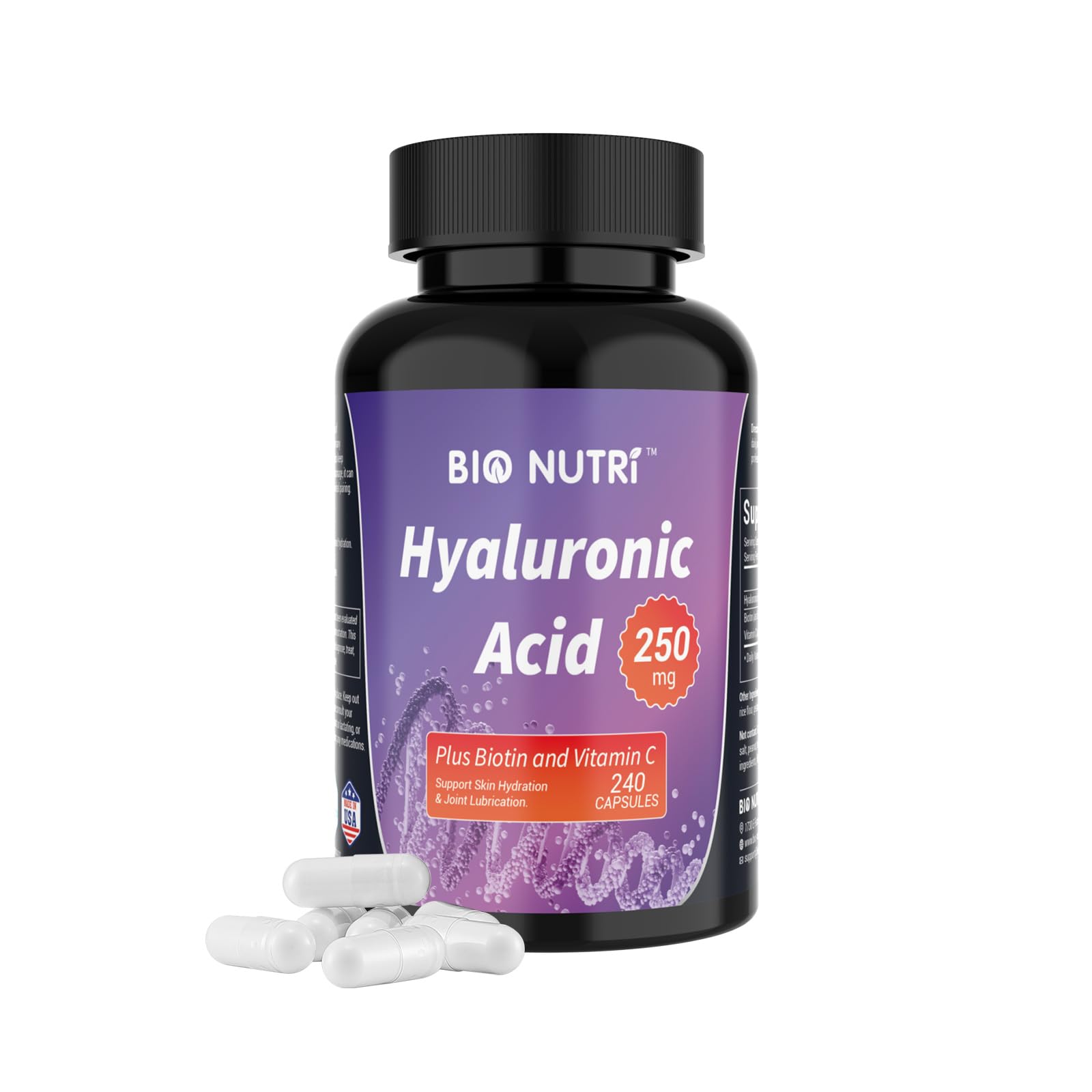 BIO NUTRI Hyaluronic Acid Supplements 250mg|240 Capsules,with Biotin 5000mcg & Vitamin C 25mg - Skin, Hair & Joint 3 in1 Support (1)