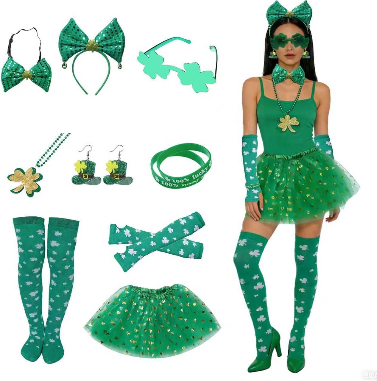 St. Patrick's Day Costume for Girls & Women, Green Shamrock Tutu Skirt with Socks & Accessories