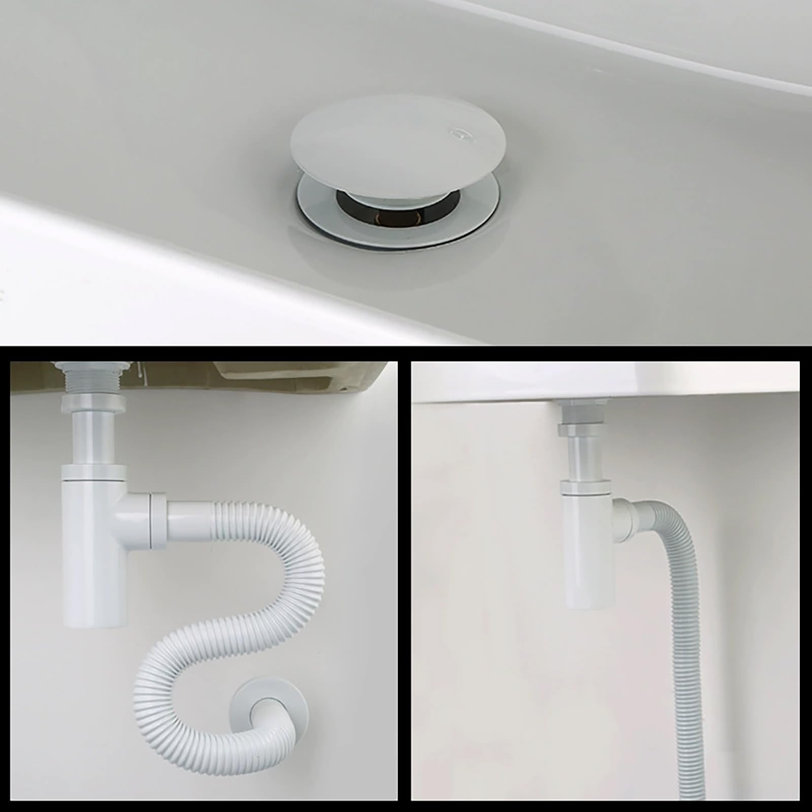 Siphon Waschbecken mit Überlauf,Pop Up Ablaufventil,Geruchsverschluss,Höhenverstellbar,Flexibel Ausziehbar Abflussrohr Waschbecken,Chrom