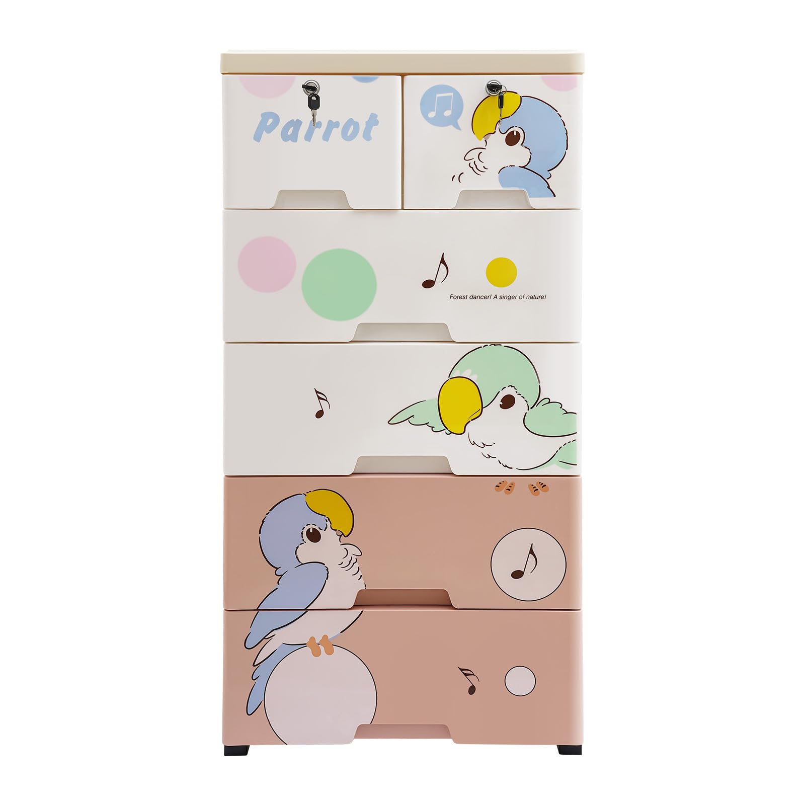 Storage Cabinet with 6 Drawers Closet Drawers Tall Dresser Organizer with four Plastic wheels ?Small Drawers with Locks Detachable Design for Clothes ,Playroom,Bedroom Furniture (parrot pattern)