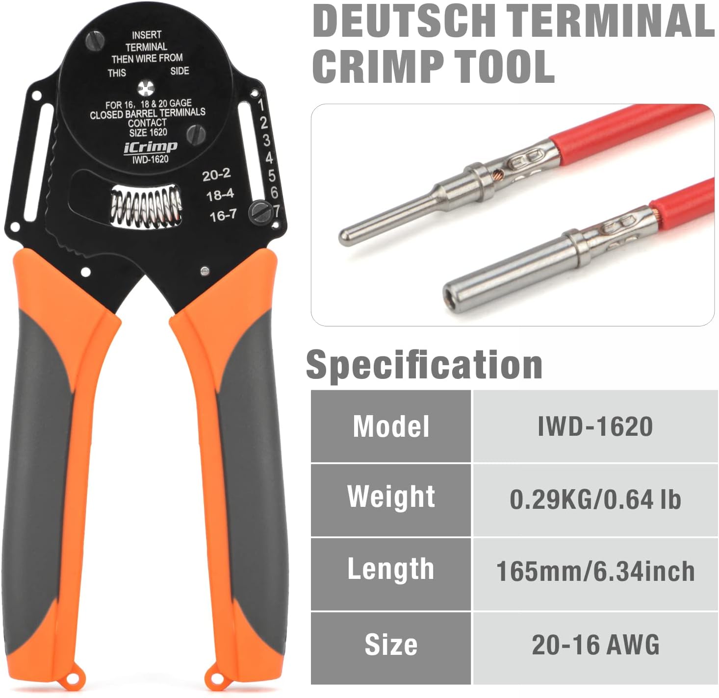 IWISS IWD-1620 Deutsch Size 16 Crimper, Solid Barrel Contact & Circular Connector Contacts Crimping Tool, 8 Indents Wire Crimper, AWG16 to AWG20