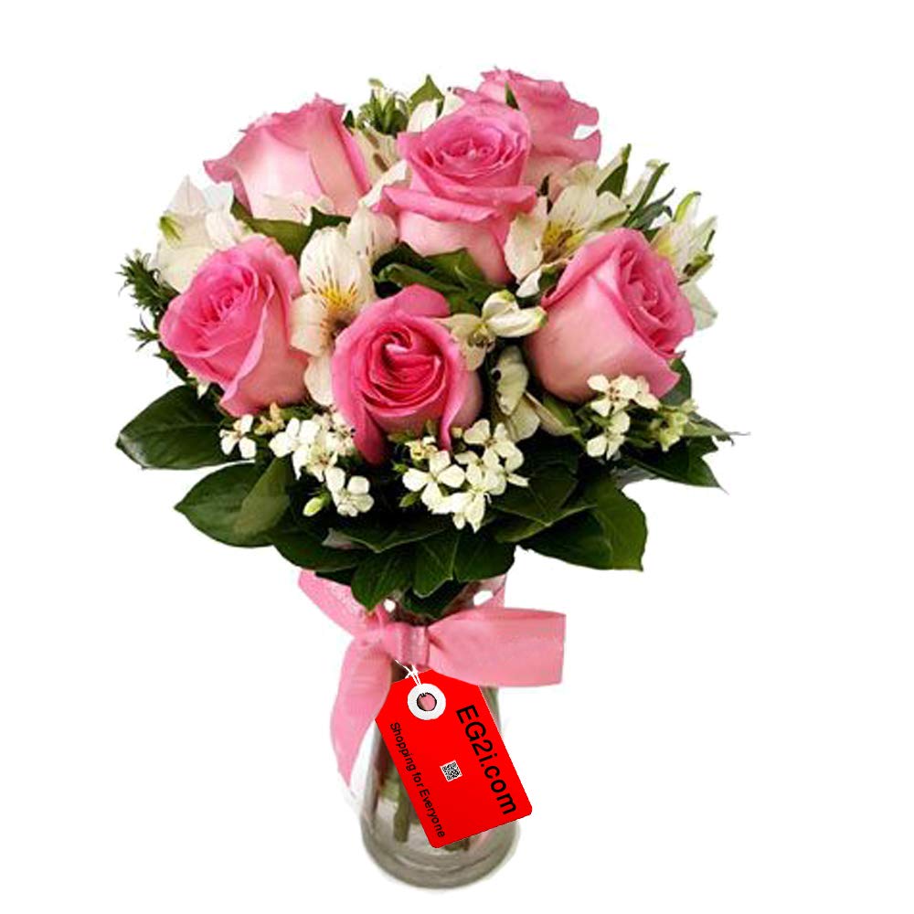 Fresh Live Flowers bouquet of Pink Rose (Rose with Glass Vase) for Birthday, anniversary, Valentine, Wedding, for Girlfriend, for boyfriend, for wife, for husband-image-35