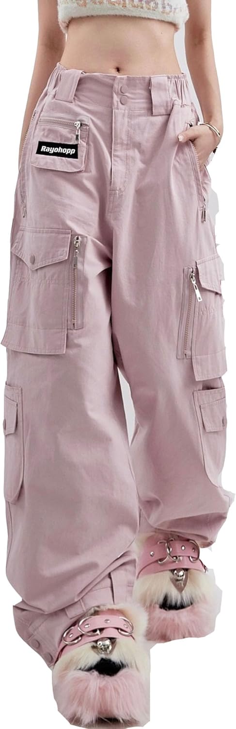 MEINVQIAOTI Streetwear Hiphop Harajuku Punk Black Cargo Pants for Women Pink Multiple Pockets Functional Techwear Pants Women