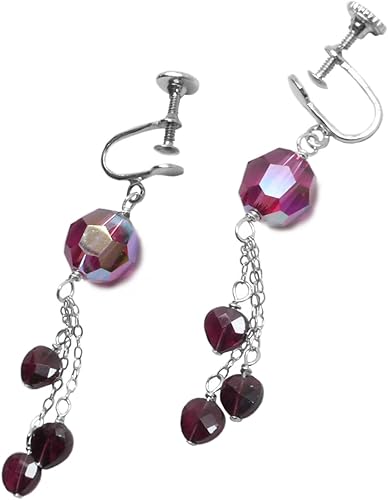 Miniatura 3 de Garnet Tiny Hearts Fuchsia Crystal Earrings January Birthstone Non Pierced Clip On