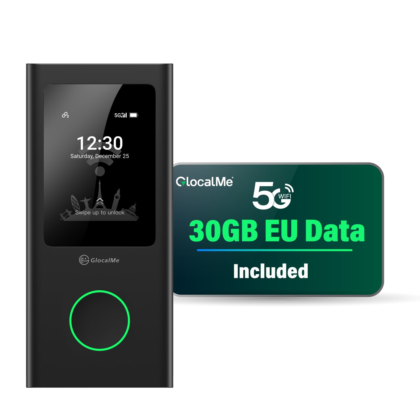 GlocalMe Numen Air - Router Wi-Fi mobile 5G, non necessita di scheda SIM, hotspot 5G LTE con pacchetto dati europei da 30 GB, supporta 16 dispositivi contemporaneamente, batteria da 5400 mAh, hotspot