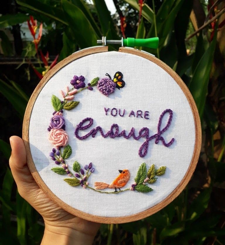 Handmade Embroidered Hoop Art, 'You Are Enough' Floral Design with Purple Roses and Orange Bird, Customizable Wall Decor-image-21