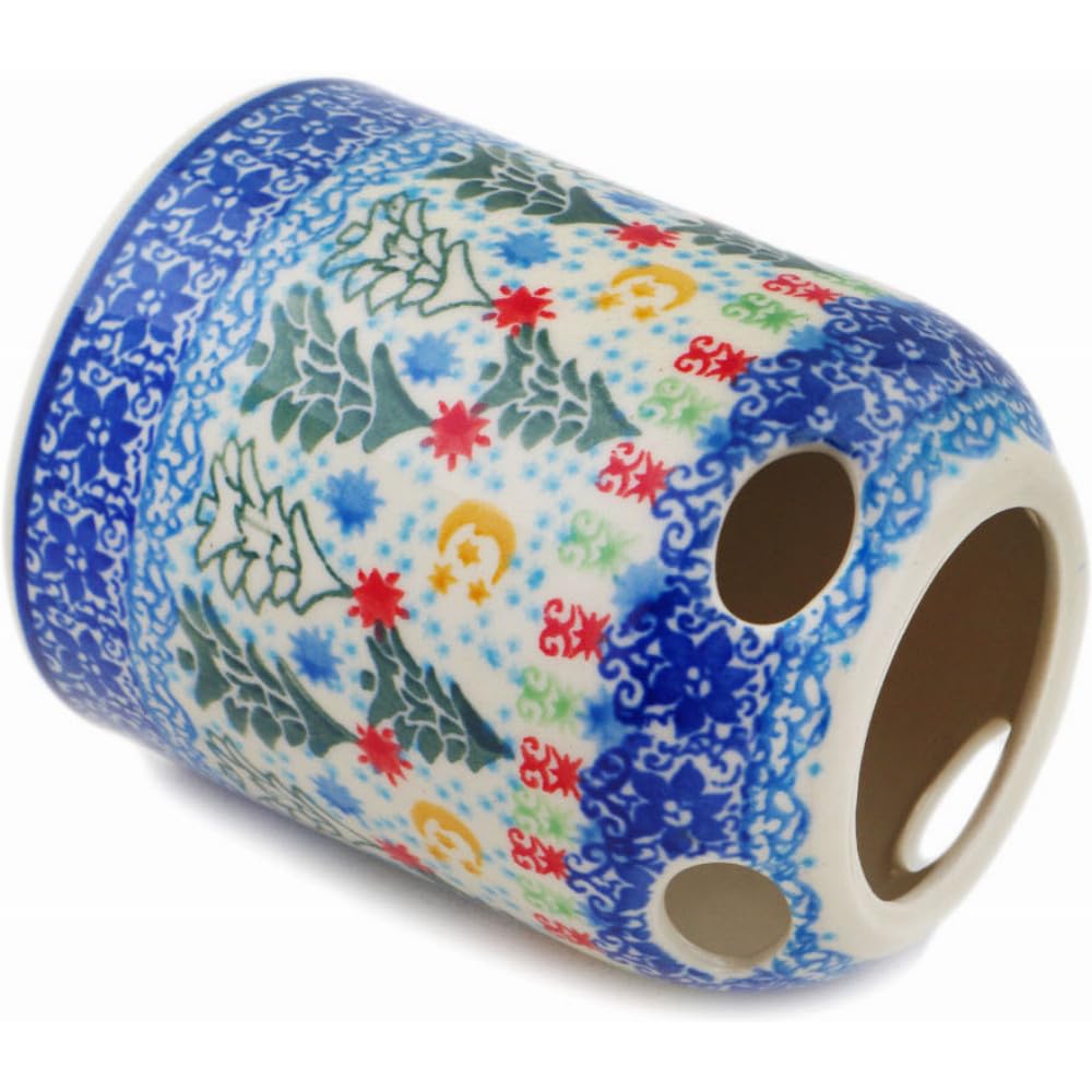 Authentic Polish Pottery Toothbrush Holder Signature UNIKAT in Glowing Christmas Trees Design Handmade in Boles?awiec Poland by Ceramika Artystyczna + Certificate of Authenticity