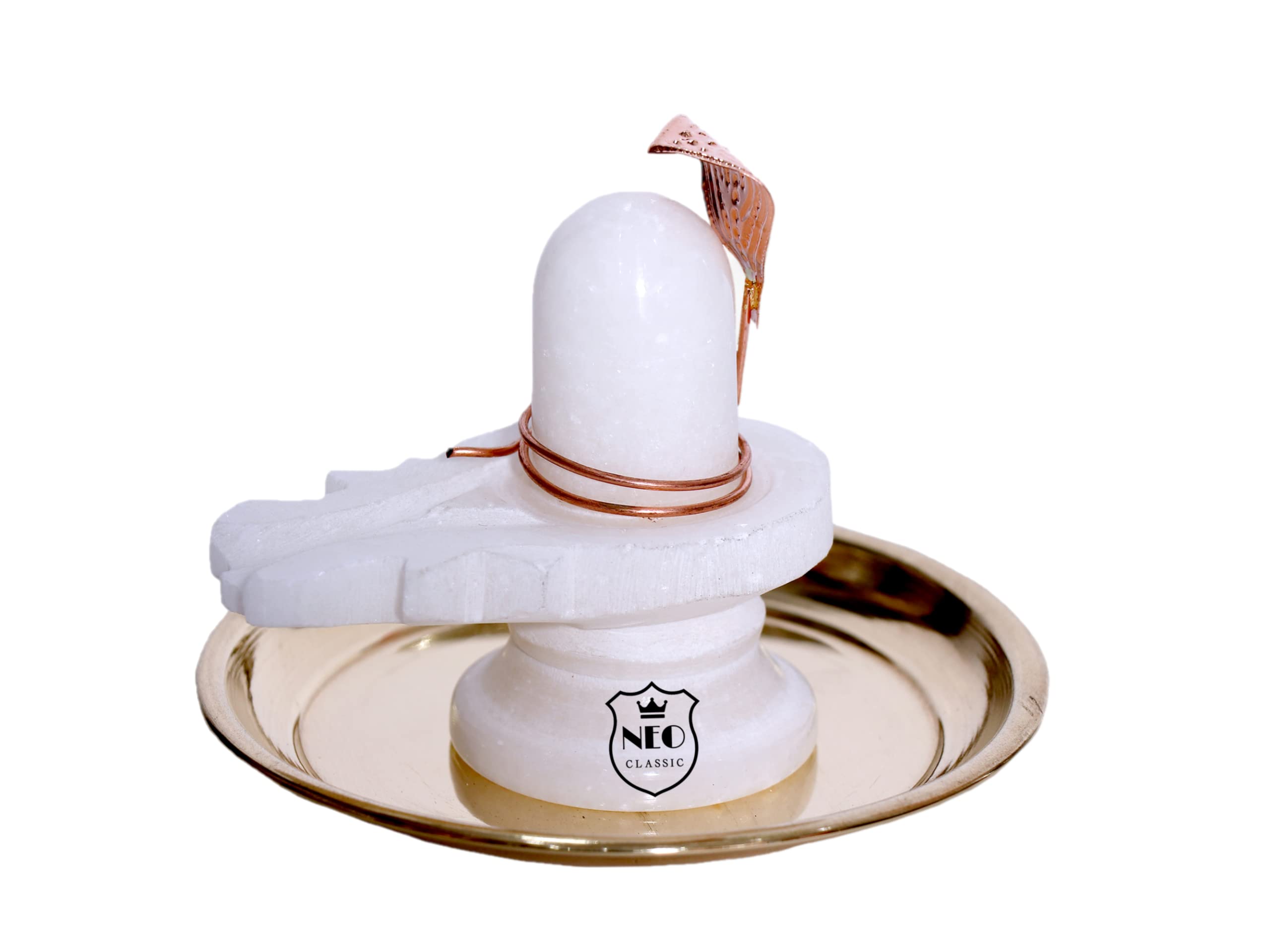 NEO CLASSIC® Divine Mahadev White Marble Shivling with Copper Naag & Brass Pooja Plate | Handcrafted from Natural White Marble | Direct from Shiv Nagri, Haridwar (Height- 4" inch)