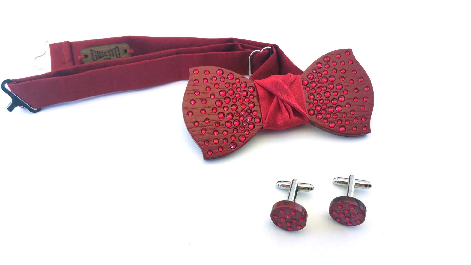 Papillon e gemelli legno GIGETTO Strass Rosso scuro Nodo Raso Made in Italy