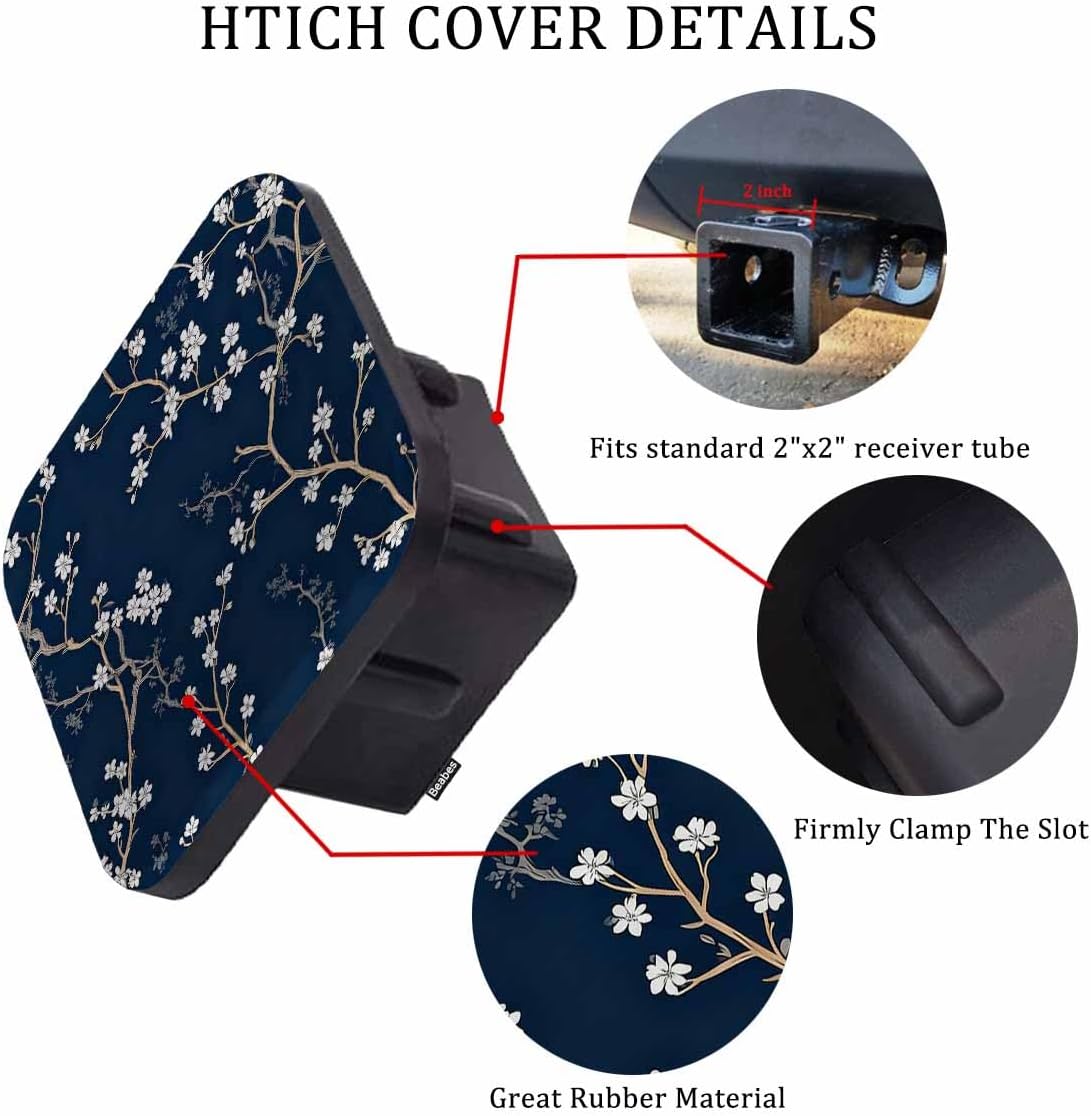 Trailer Hitch Cover Plug Cherry, Bloom Cherry Flower Tree Branch Trailer Hitch Cover Plug Cap Insert Fits 2" Receivers Black Receiver Tube Hitch Plug for RVs SUVs and Cars, Navy White