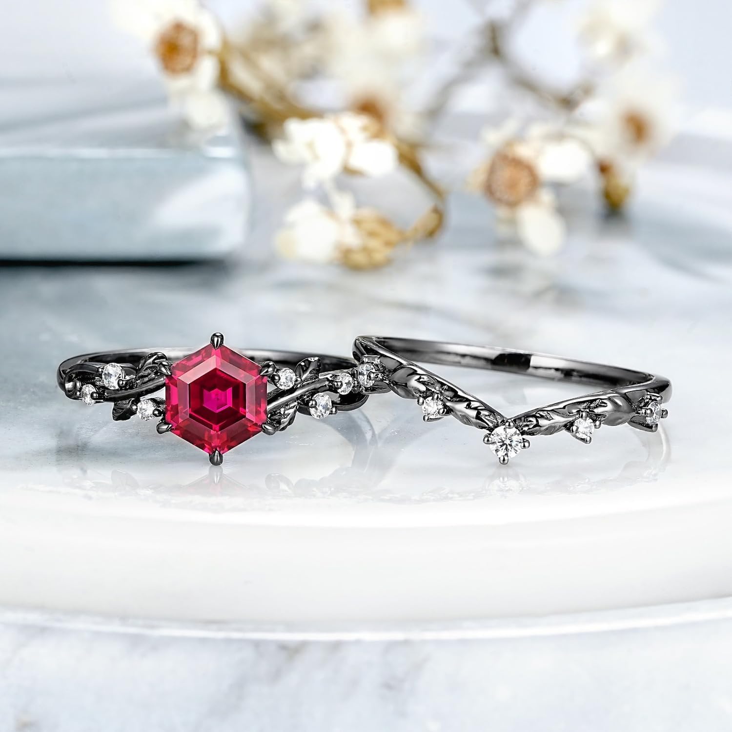 Created Ruby Rings Set for Women Red Created Ruby Wedding Band 925 Sterling 10K 14K 18K Gemstone Vintage Inspired Promise Ring for Anniversary Engagement Jewelry Gifts Size4-12