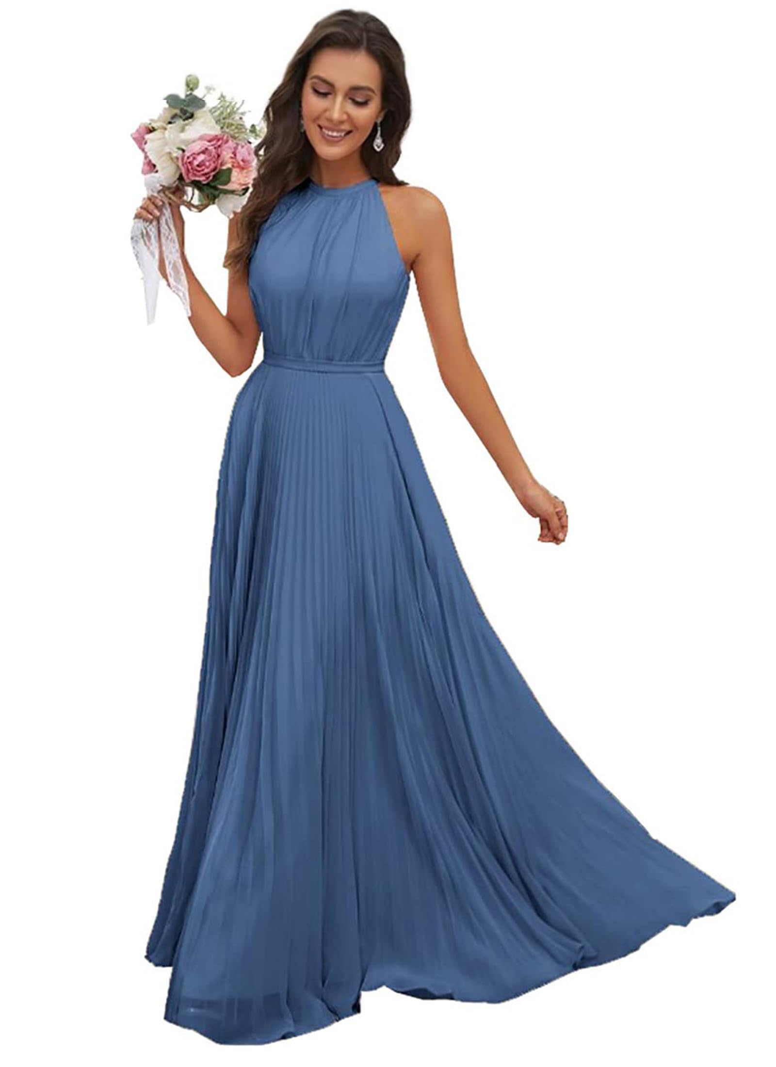 JAEDEN Abendkleid Damen Lang Elegant für Hochzeit Neckholder Brautjungfernkleider Chiffon Festliches Party Kleid Stahlblau 38