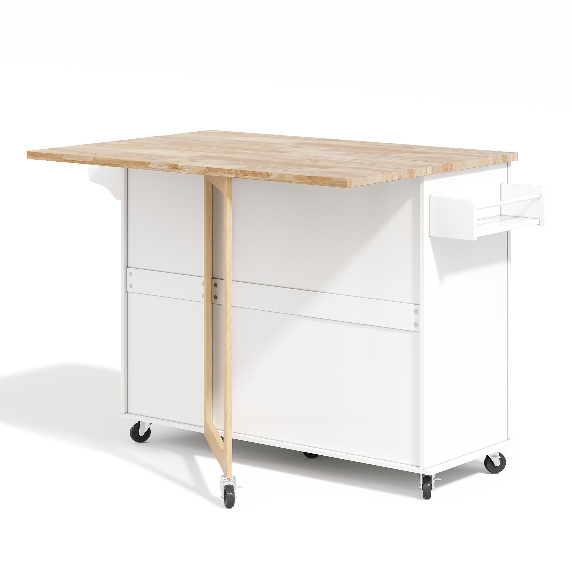 Merax Mobiler Küchentisch Kücheninsel auf Rädern mit klappbarer Eichenholz-Arbeitsplatte, Multifunktionaler Schrank, 5 Räder, für Küche, Esszimmer und Zuhause, 137 x 43(76) x 92 cm,Weiß