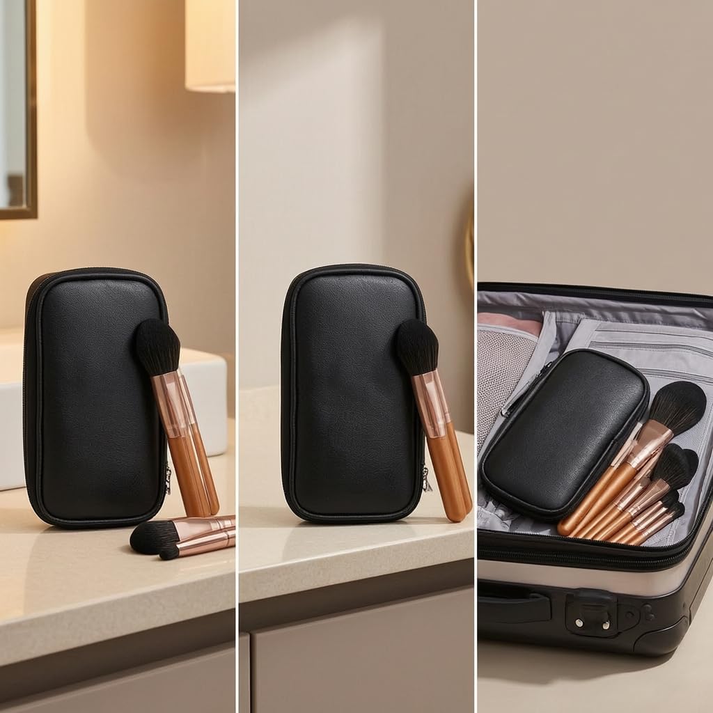 Set Pennelli Trucco 17 Pezzi Manico, Struttura compatta, Pennelli Trucco Base, Sfumature, Per Giovani Artiste, Set di 17 pennelli per trucco rosso acero con borsa con cerniera in PU nera