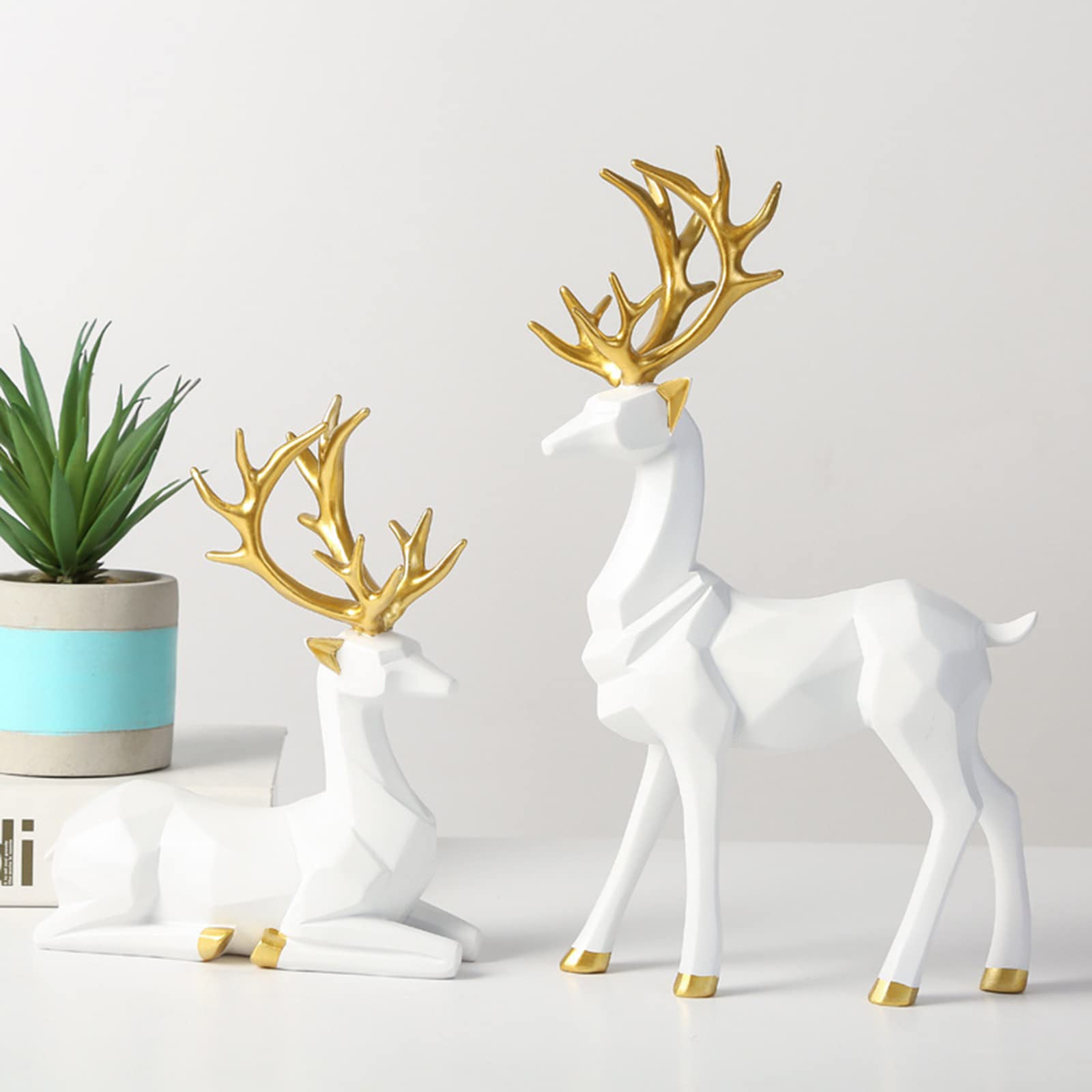 BZHIB 2-Pc Reindeer Statue Christmas Decoration,eometric Reindeer Christmas Statue,Home Office Holiday Tabletop Christmas Decor Figurine,Small,White